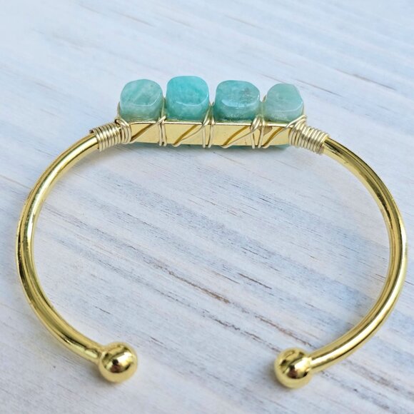 Amazonite Wire Wrap Cuff – 14Kt Gold Over Copper – Tranquility Talisman Handmade - Picture 6 of 11